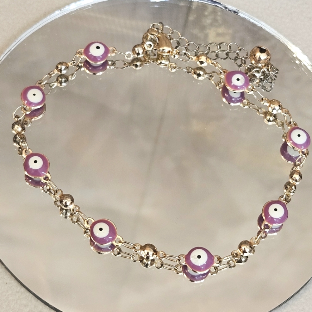 Gold Tone Pink Evil Eye Dainty Bracelet
